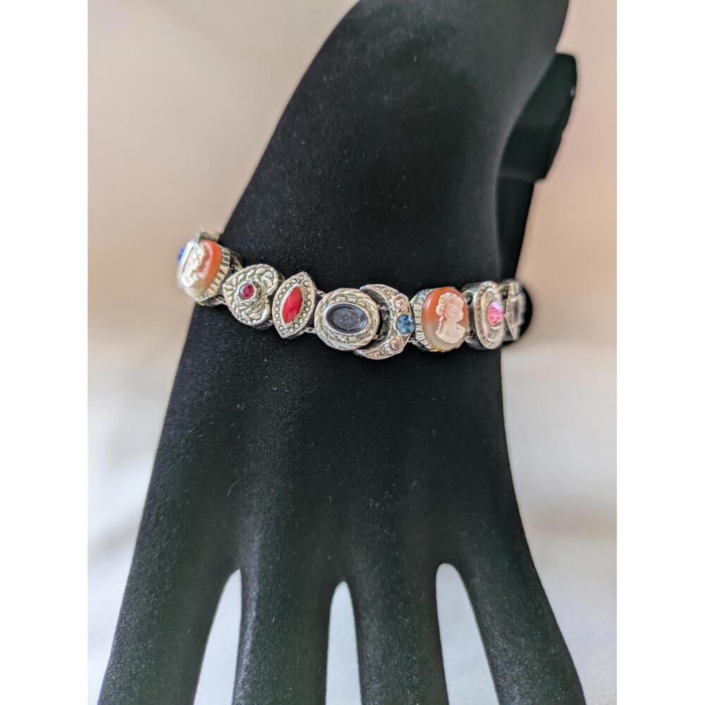 Antique Style Cameo Link Bracelet, Colorful Multi-Gemstone, Used Good